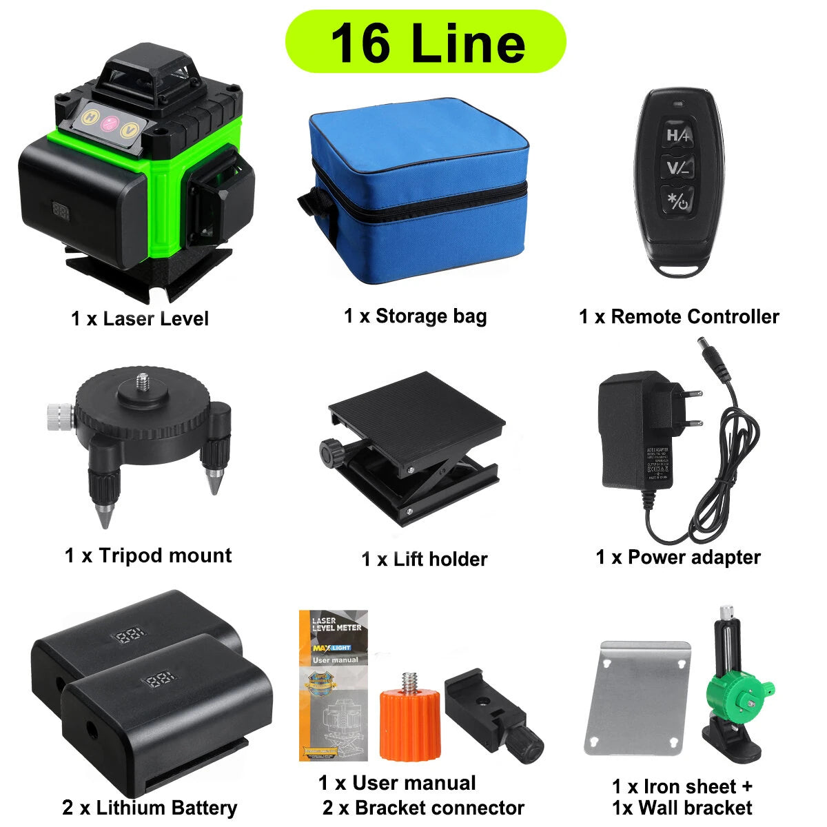 16 Lines 4D Green Laser Level with Self-Leveling, 360° Vertical & Horizontal Lines, Includes 1/2 Battery for Outdoor Use