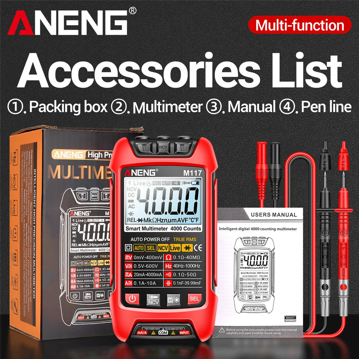 ANENG M117 High Precision True RMS Digital Multimeter with AC/DC Voltage, Current, and Resistance Measurement, Capacitor Reading, Data Hold, Auto Power Off, and Backlit Display