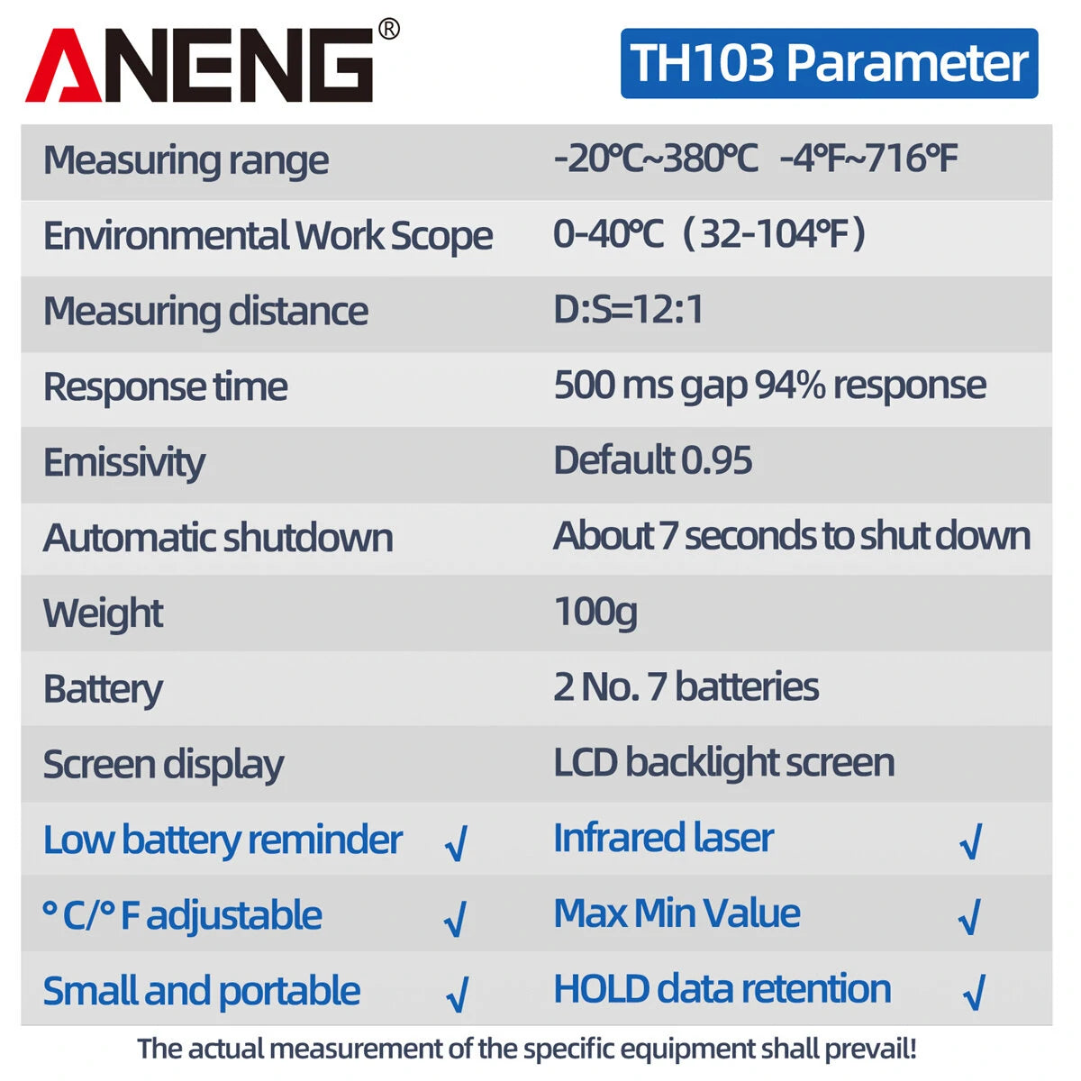 ANENG TH103 Class II Laser Infrared Thermometer Gun -20°C to 380°C Industrial Thermal Testing Tool