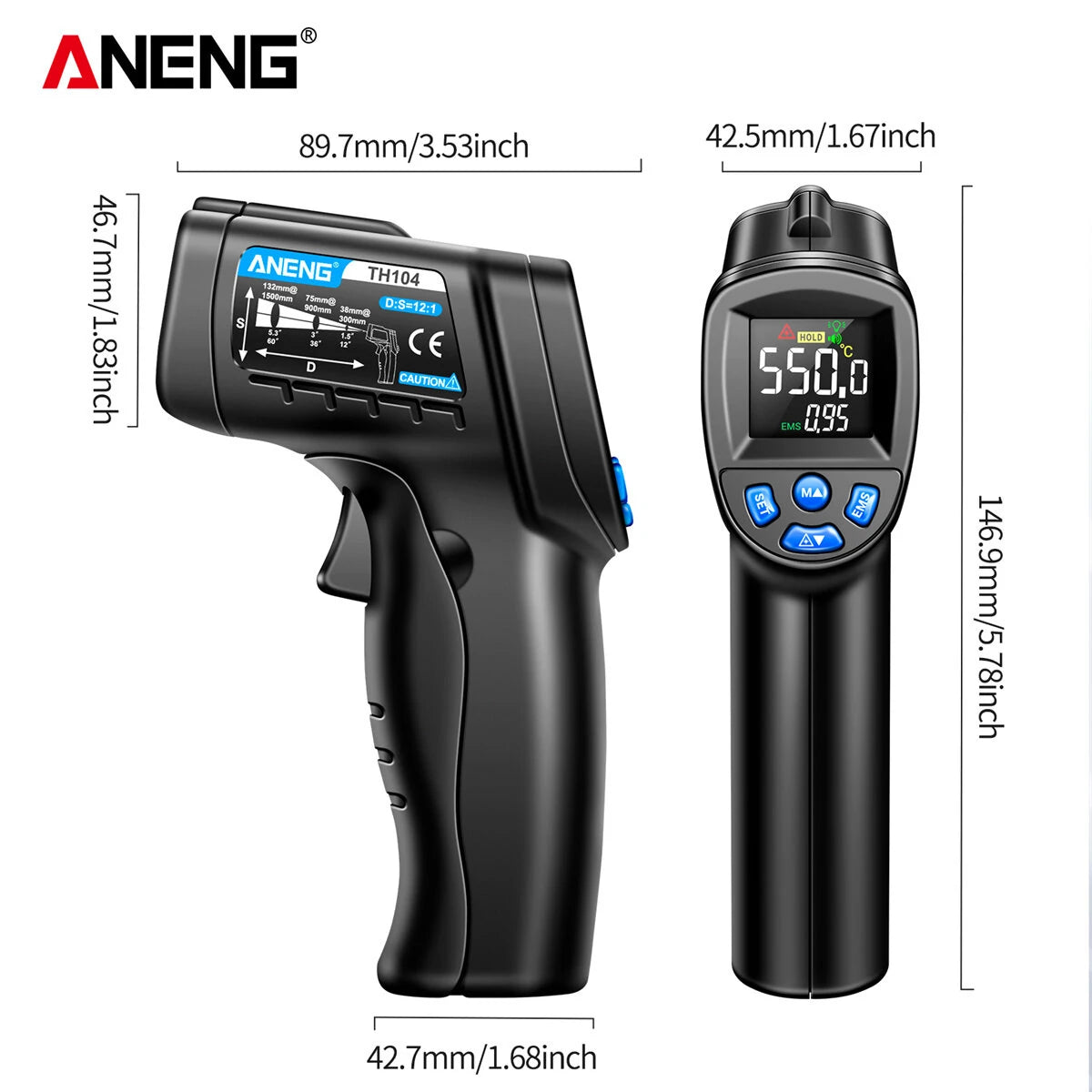 ANENG TH104 Infrared Thermometer -50~550℃ IR Laser Sensor with Thermal Imager & VA Screen Pyrometer Tool