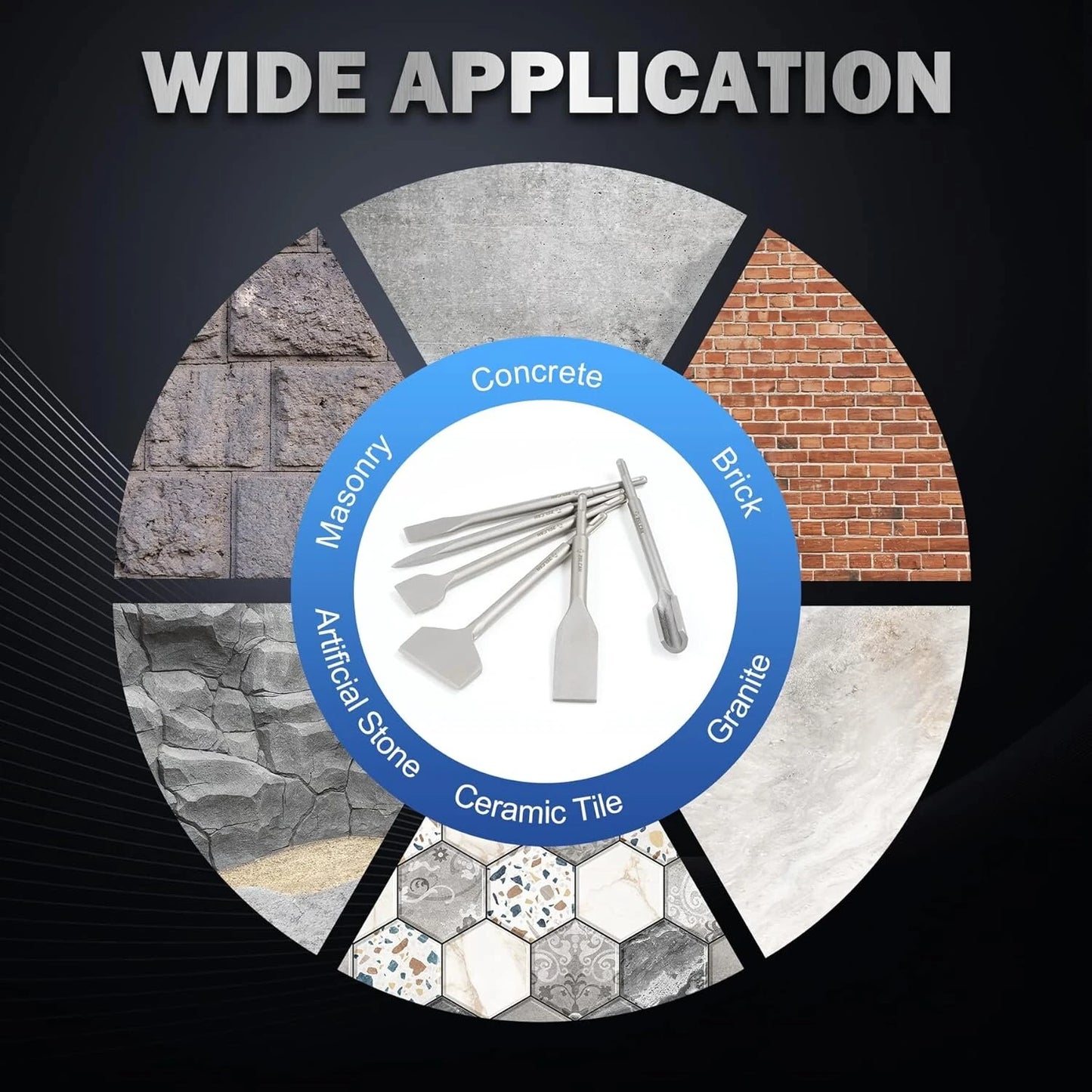 SDS Plus Chisel Set - 6PCS 40Cr Steel Rotary Hammer Bits for Masonry, Concrete, Tile - Grooving, Scraping, Flat & Point Scaling Chisels