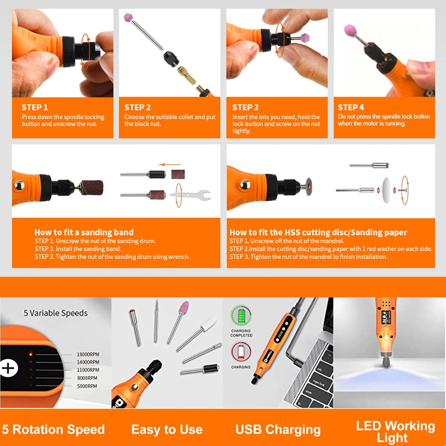 5-Speed Mini Cordless Rotary Tool Kit with USB Charging & 55 Accessories, 3.7V Power for Sanding, Polishing, Drilling, Etching, Engraving, DIY Crafts