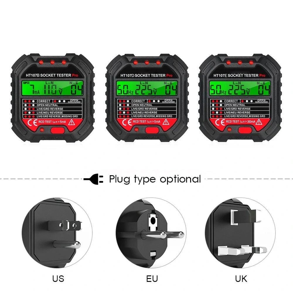 GFCI Outlet Tester HT107 with Voltage Display 90-250V for Electrical Maintenance, Office & School Lab Sockets