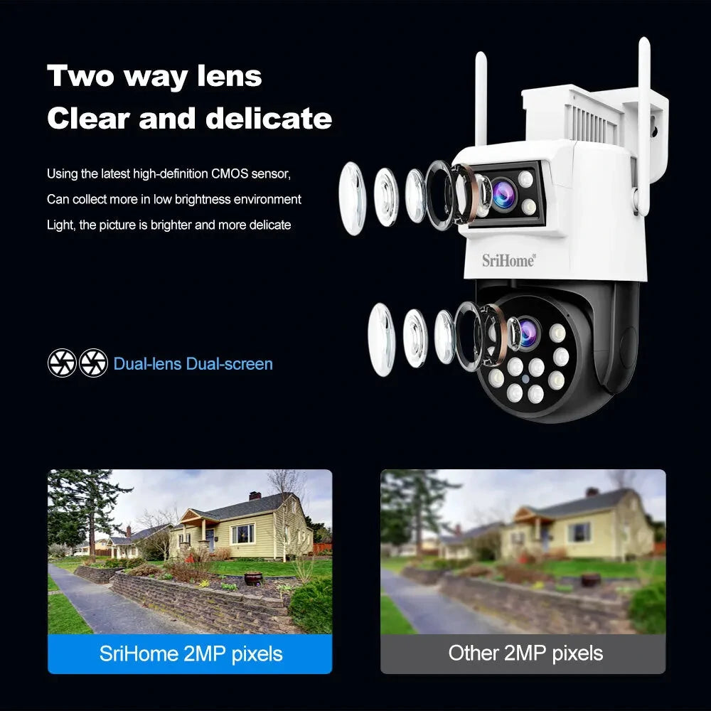 Srihome SH048 4MP Dual Lens 1080P WiFi PTZ IP Camera with AI Tracking, Motion Detection, Night Vision, and Two-Way Audio - Outdoor CCTV Security