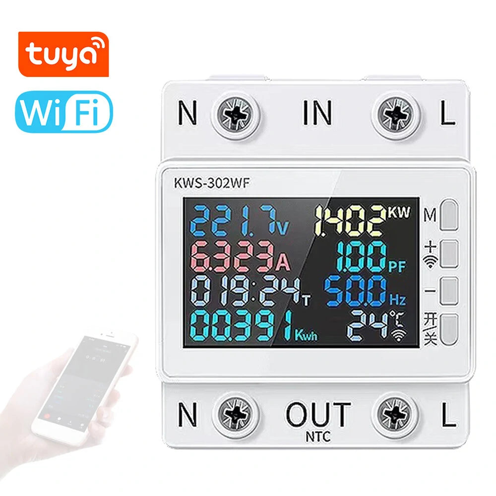 Multi-function 8-in-1 Power Meter: Color Screen, AC Energy Meter (170-270V/63A) with Standard Rail Mounting