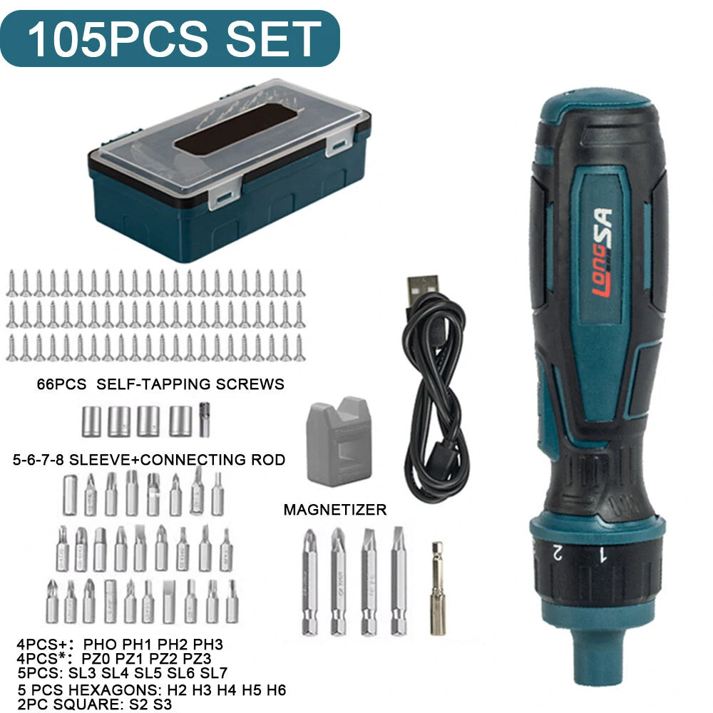 105PCS Cordless Electric Screwdriver Set - 3.6V 1300mAh Li-ion, 200r/min, Rechargeable Ratchet Screwdriver & Mini Drill