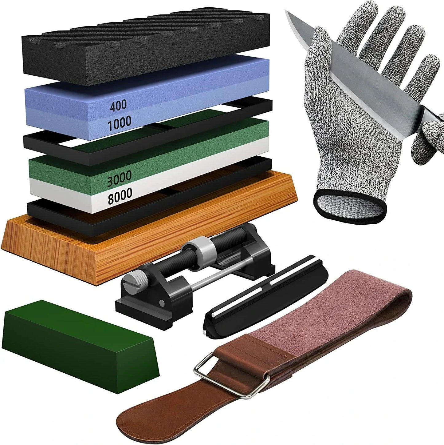 Premium 4-Side Sharpening Stone Set - Grit 400/1000, 3000/8000 Whetstone with Non-Slip Base, Honing Guide, Angle Guide, and Flattening Stone
