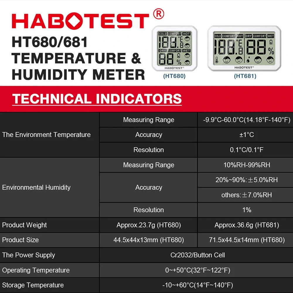 HABOTEST HT681 Digital Thermometer Hygrometer Set - 2 Pack LCD Weather Station for Living Room Temperature & Humidity Monitoring