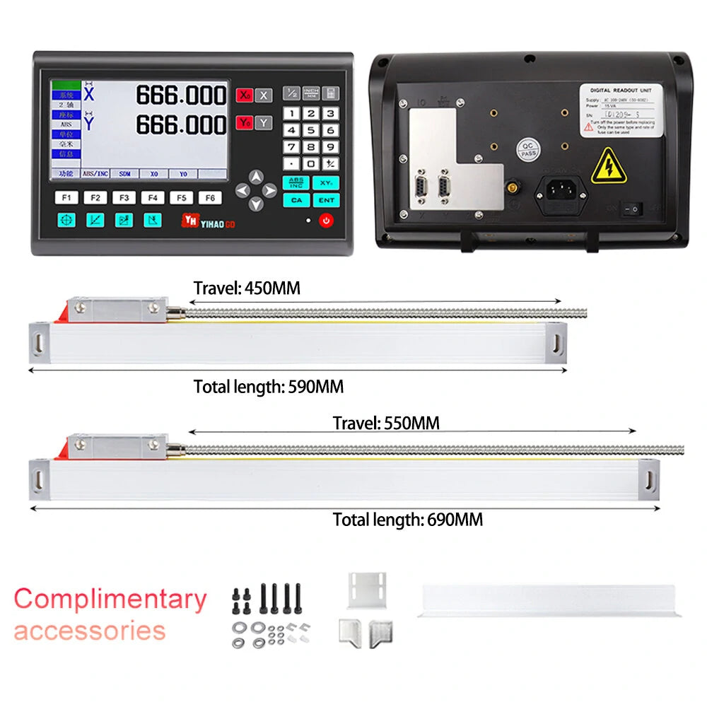 YHSINO YH800-2 High Precision Digital Ruler with Optical Linear Scale, IP54 Protection, and Large Screen Display for Milling Machines & Lathes - Includes Reliable Meanwell Power Supply