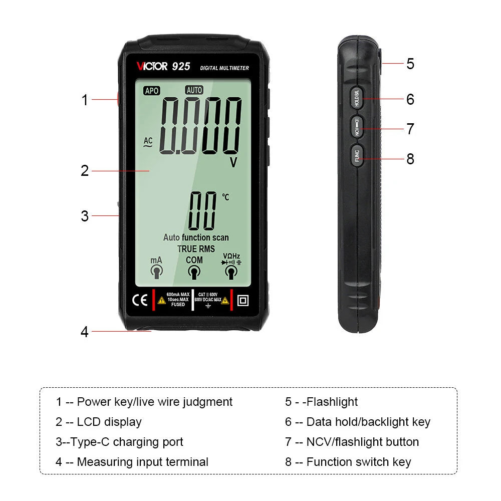 Victor 925 Digital Multimeter 10000 Counts LCD Display NCV Diode 500mAh Battery Frequency Smart Tester