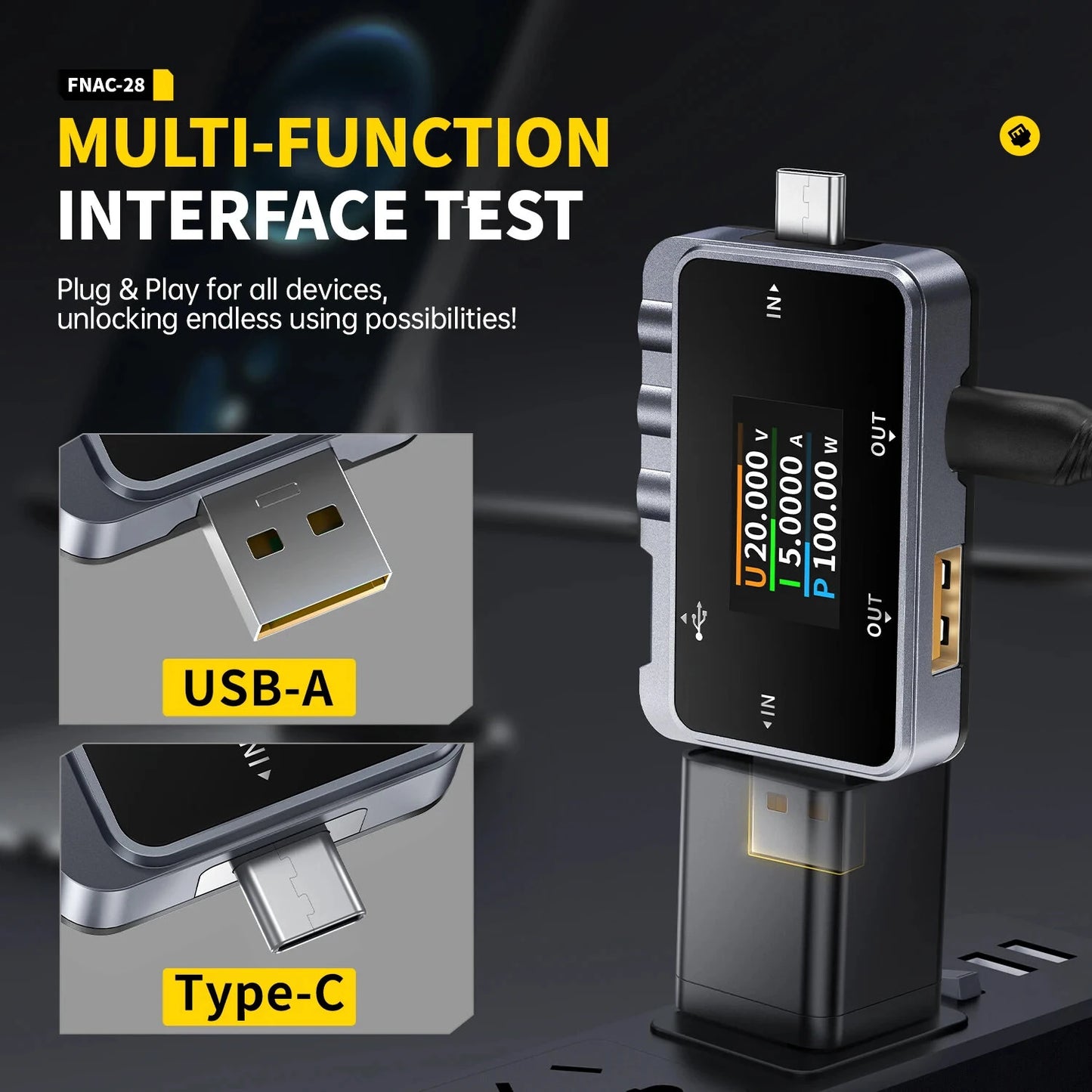 FNIRSI FNAC-28 USB Voltage Current Power Meter 4-24V 6.5A with Color Screen & Fast Charging Protocol Detection