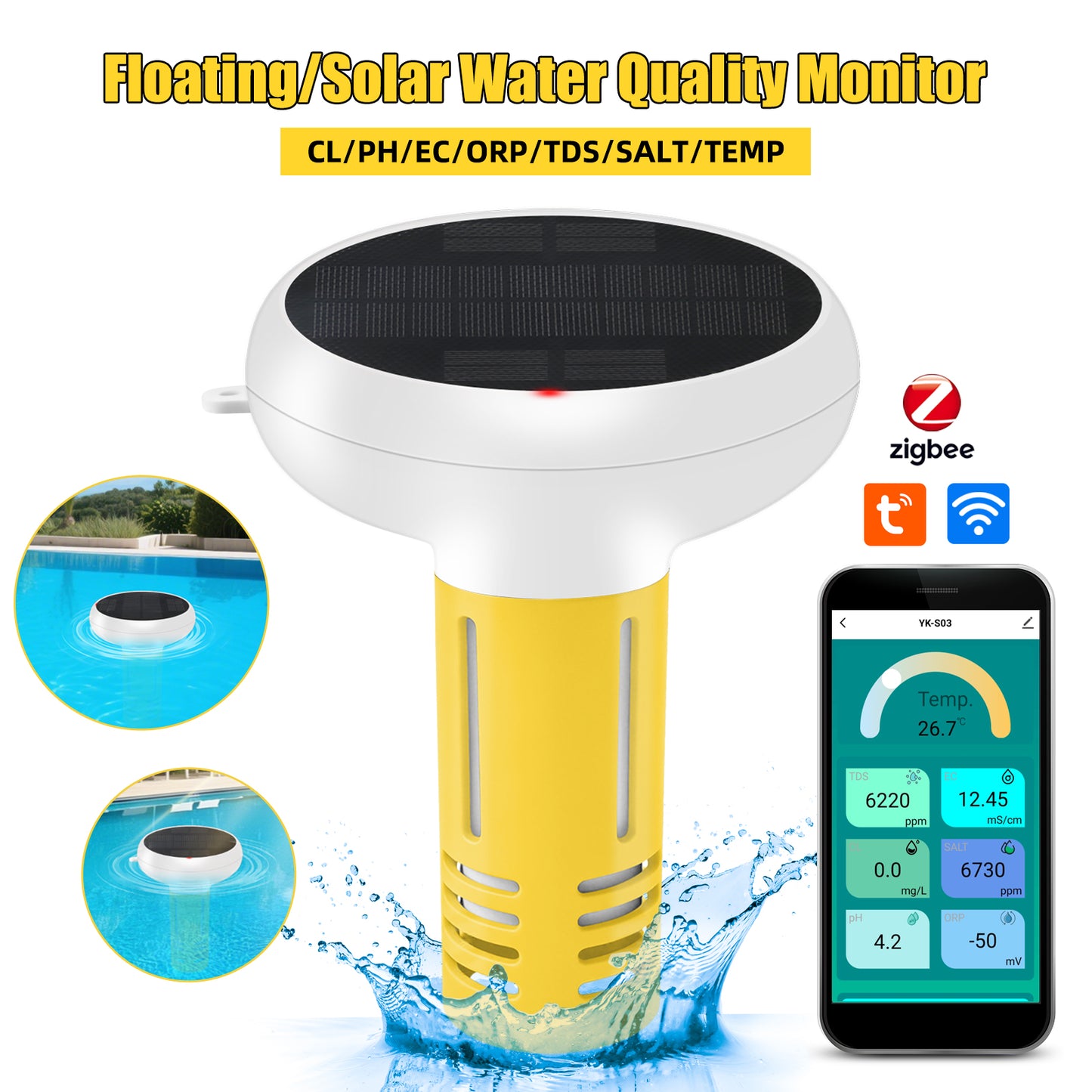Solar-Powered Tuya Zigbee Pool Water Quality Tester – 7-in-1 Smart Floating Monitor (pH / Chlorine / ORP / Salinity / EC / TDS / Temperature)