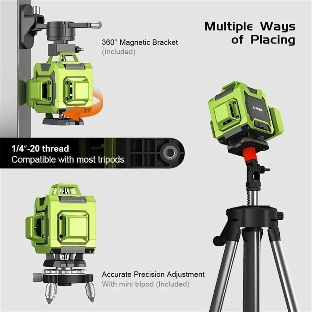 16-Line 4x360° Green Laser Level with Self-Leveling, Rechargeable Battery & Case for Ceiling Tile Installation