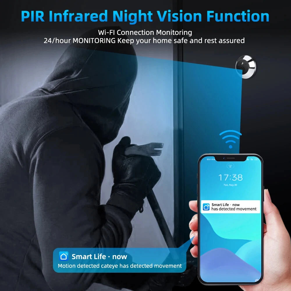 Tuya Smart Home 1080P Wireless Door Peephole Camera with 120° Wide Angle, Motion Detection, One-Way Intercom, WiFi Video Eye, 5000mAh Battery, Compatible with Alexa & Google