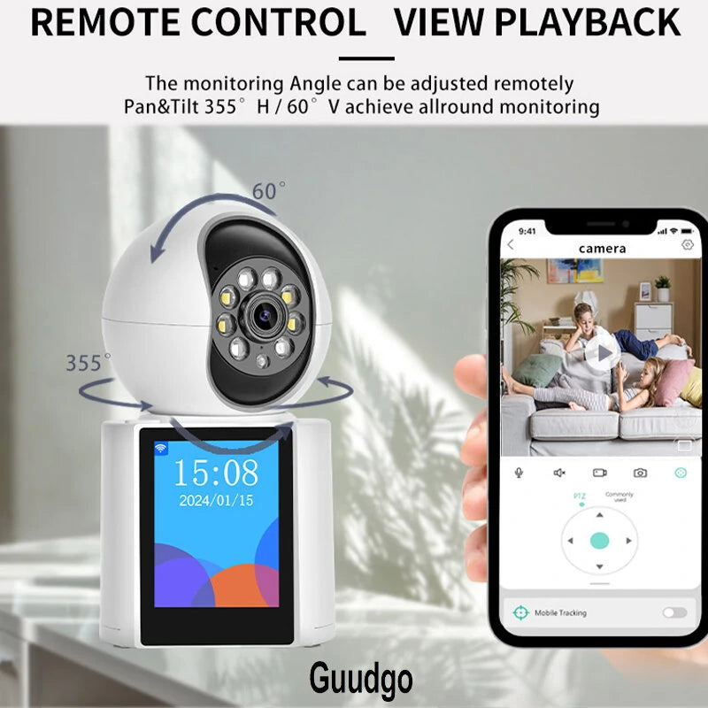 Guudgo 3MP Wireless PTZ IP Dome Camera with 2.8 IPS Screen, Night Vision, Humanoid Tracking, Alarm Push, Baby Monitor, iCSEE APP, Intercom, and Remote Control