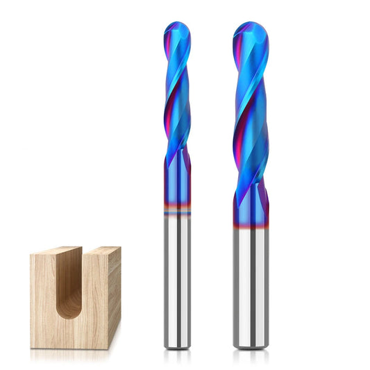 Nano Blue Coated Ball Nose End Mill 1/4 Inch & 8mm Shank - Tungsten Carbide Spiral Up Cut Router Bit