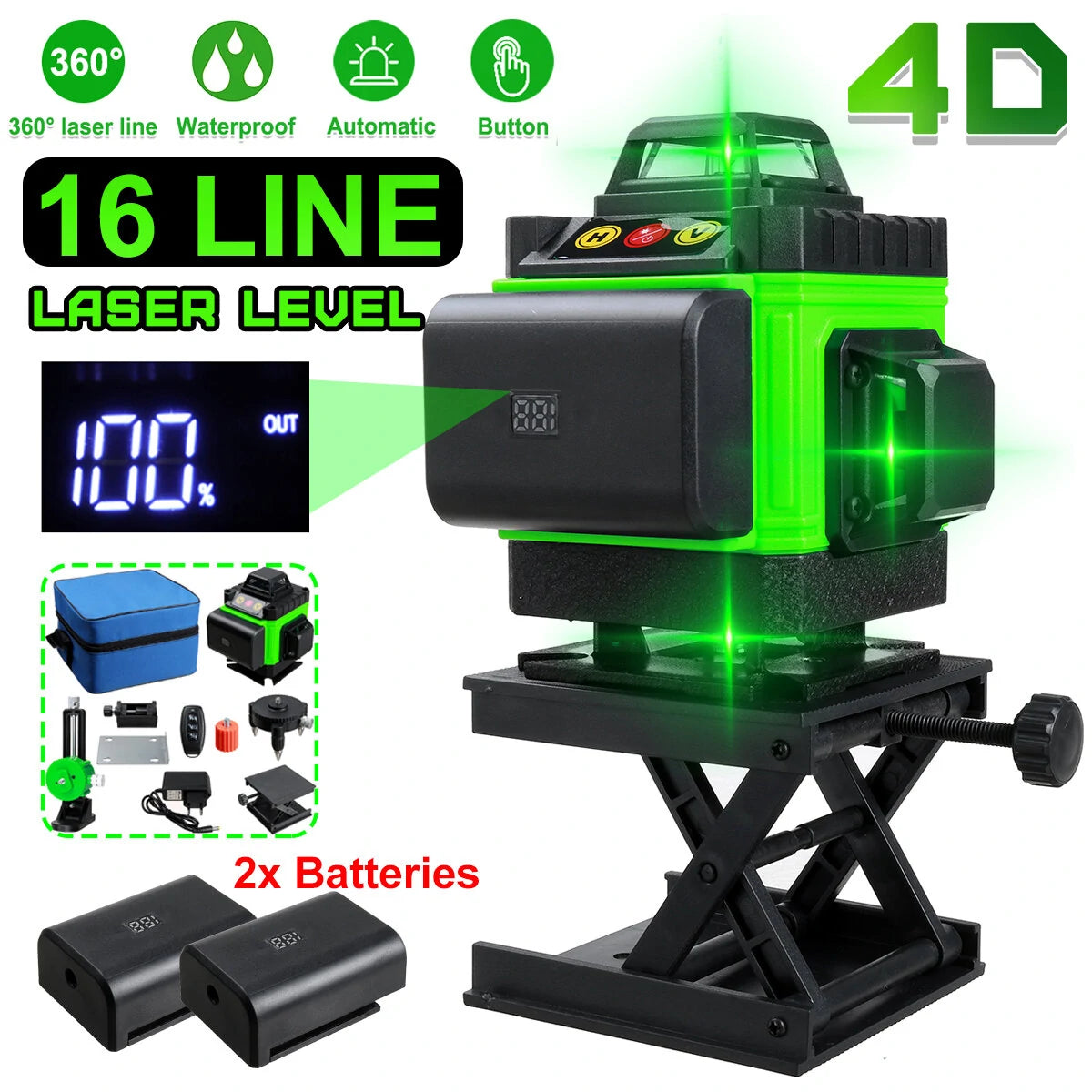4D Green Laser Level with Self-Leveling, 16 Lines, 360° Vertical Cross & Horizontal Lines, Outdoor Use, Includes 1/2 Battery