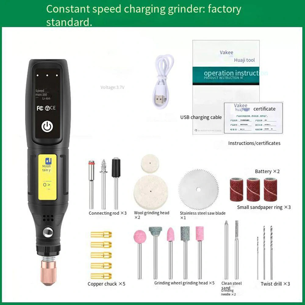 USB Rechargeable Mini Electric Grinder with 5 Speeds for Jade Carving - 3.7V DC, English Manual