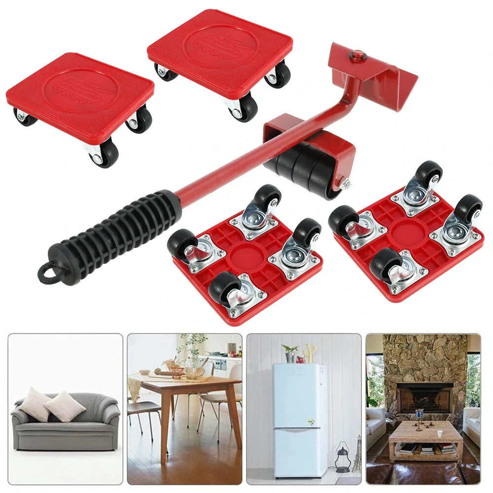 Heavy Duty Furniture Lifter Mover Set with Universal Wheels, 400kg Capacity - Red Compact Roller Bar Hand Tools for Easy Moving