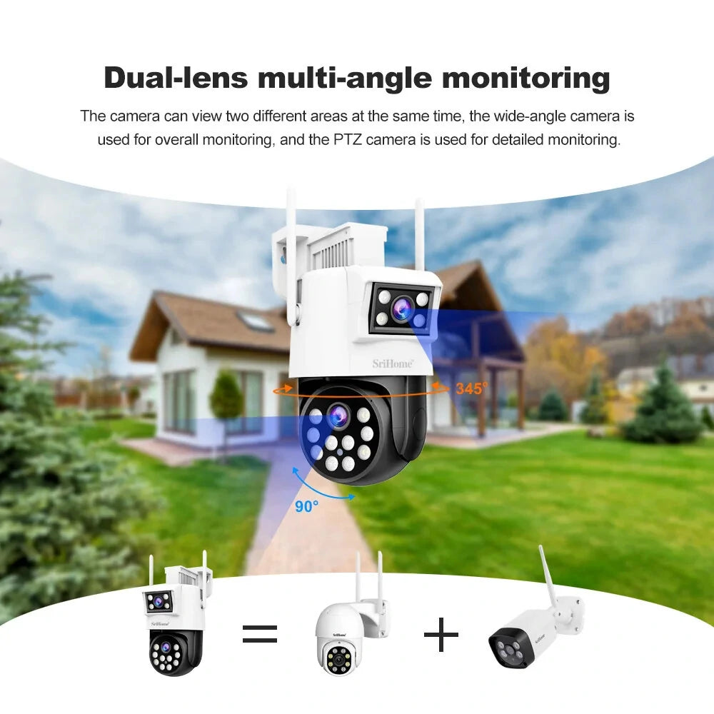 Srihome SH048 4MP Dual Lens 1080P WiFi PTZ IP Camera with AI Tracking, Motion Detection, Night Vision, and Two-Way Audio - Outdoor CCTV Security