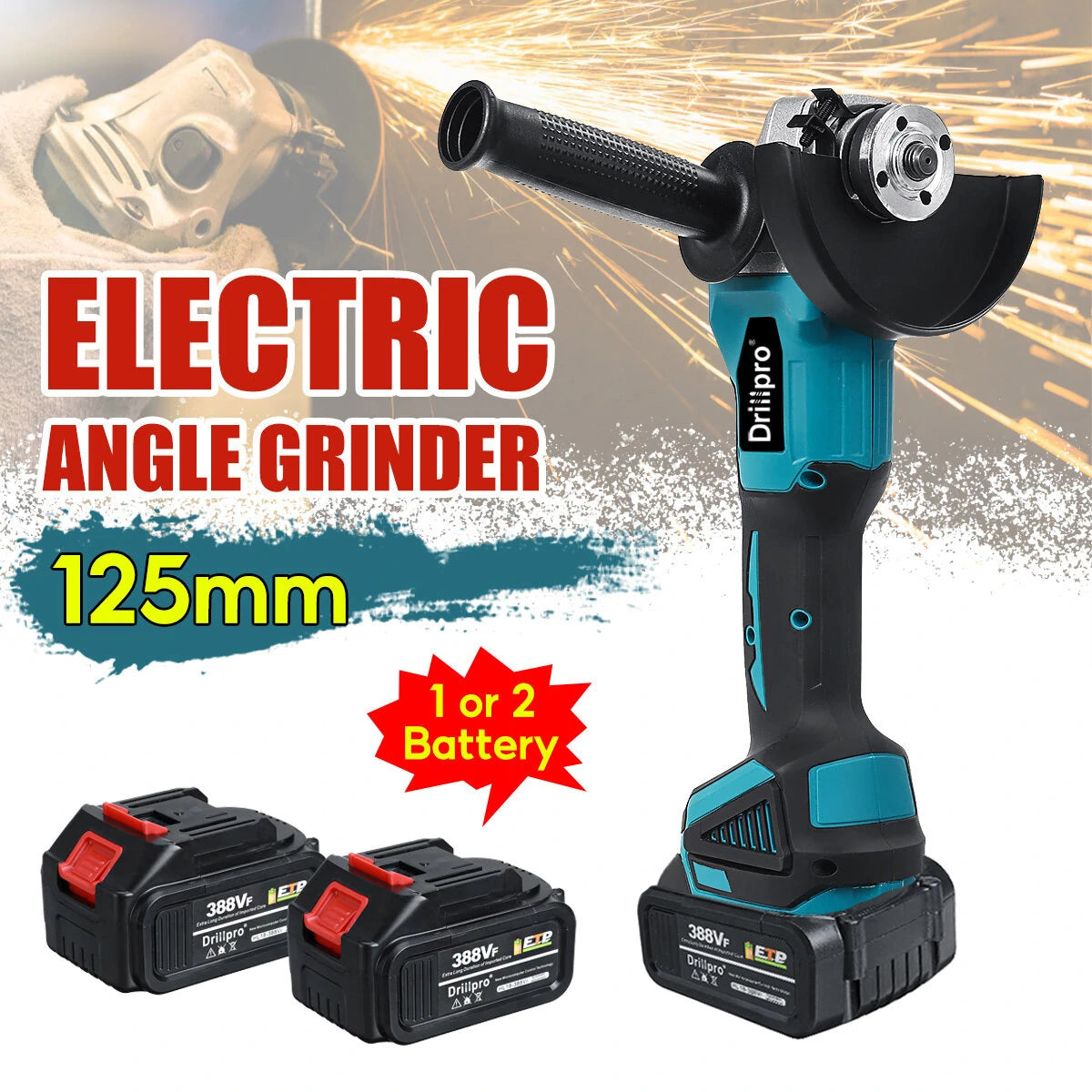 Rechargeable Drillpro 125mm 18V Brushless Angle Grinder with Adjustable Speed and Battery - Blue/Black