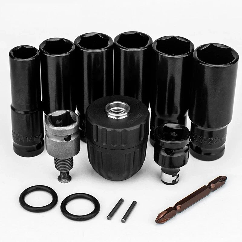 14PCS Electric Impact Wrench Adapter Kit: Hex Socket, Drill Chuck, High Hardness, Versatile, Wide Compatibility - Metal Silver & Black