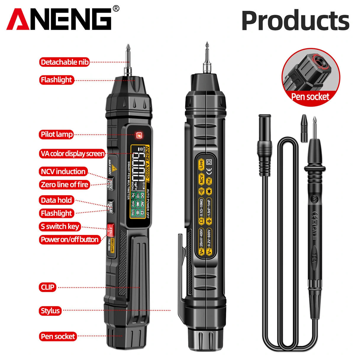 ANENG A3005D 2-in-1 Multimeter Test Pen with VA Color Display, Auto Shutdown, NCV Induction, Non-Contact Detection, High Portability for Electricians & DIY Enthusiasts
