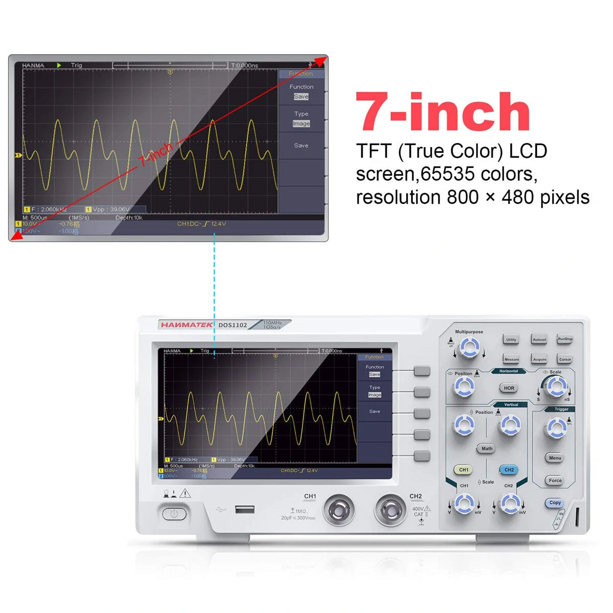 HANMATEK DOS1102 Portable Digital Oscilloscope 110MHz, 500 MS/s, 7 LCD, Dual Channels, FFT Analysis, Labview SCPI, USB