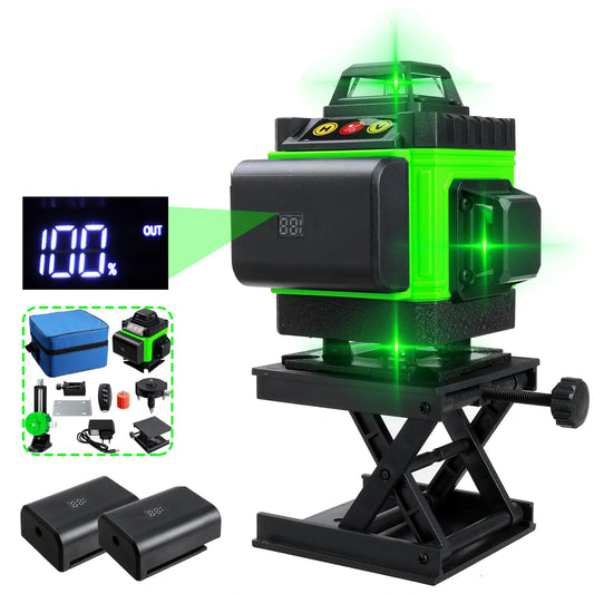 4D Green Laser Level with Self-Leveling, 16 Lines, 360° Vertical Cross & Horizontal Lines, Outdoor Use, Includes 1/2 Battery