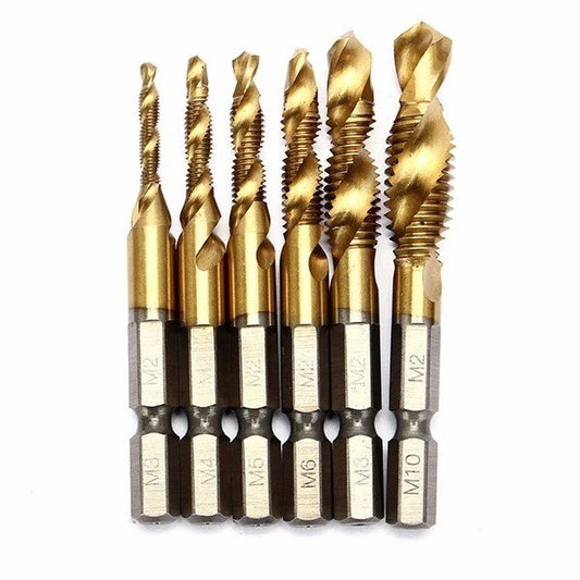 Drillpro 6pcs HSS 6542 M3-M10 Titanium Coated Drill Tap Bit Set, 1/4 Inch Hexagon Metric Deburr Countersink Screw Thread