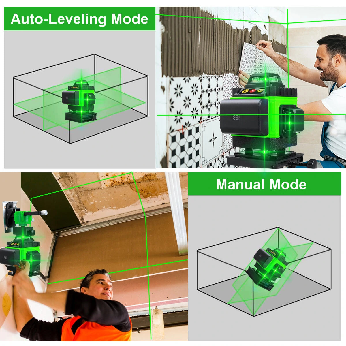 4D Green Laser Level with Self-Leveling, 16 Lines, 360° Vertical Cross & Horizontal Lines, Outdoor Use, Includes 1/2 Battery
