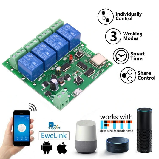EACHEN ST-DC4 WiFi 4-Channel Smart Relay Switch with Inching, Self-Locking & Interlock Modes, Compatible with Amazon Alexa