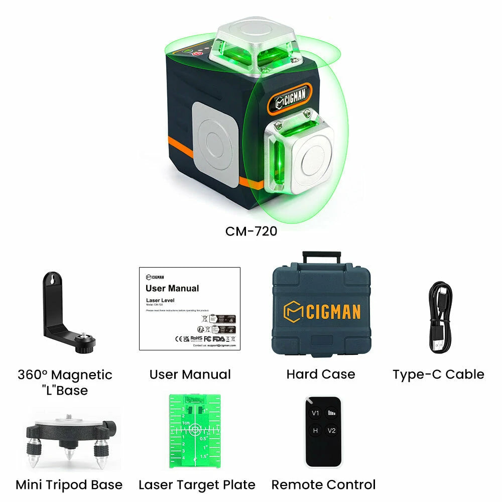 CIGMAN CM-720/CM-720SE 360° Laser Level Tool with Rechargeable Battery and Magnetic Bracket for Construction and Home Decoration