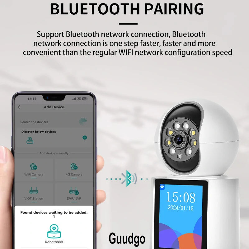 Guudgo 3MP Wireless PTZ IP Dome Camera with 2.8 IPS Screen, Night Vision, Humanoid Tracking, Alarm Push, Baby Monitor, iCSEE APP, Intercom, and Remote Control