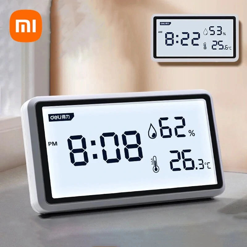 High-Precision Deli Weather Station: 0.1℃ Thermometer, Hygrometer, LCD Display, Clock, Long Battery Life
