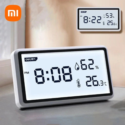 High-Precision Deli Weather Station: 0.1℃ Thermometer, Hygrometer, LCD Display, Clock, Long Battery Life