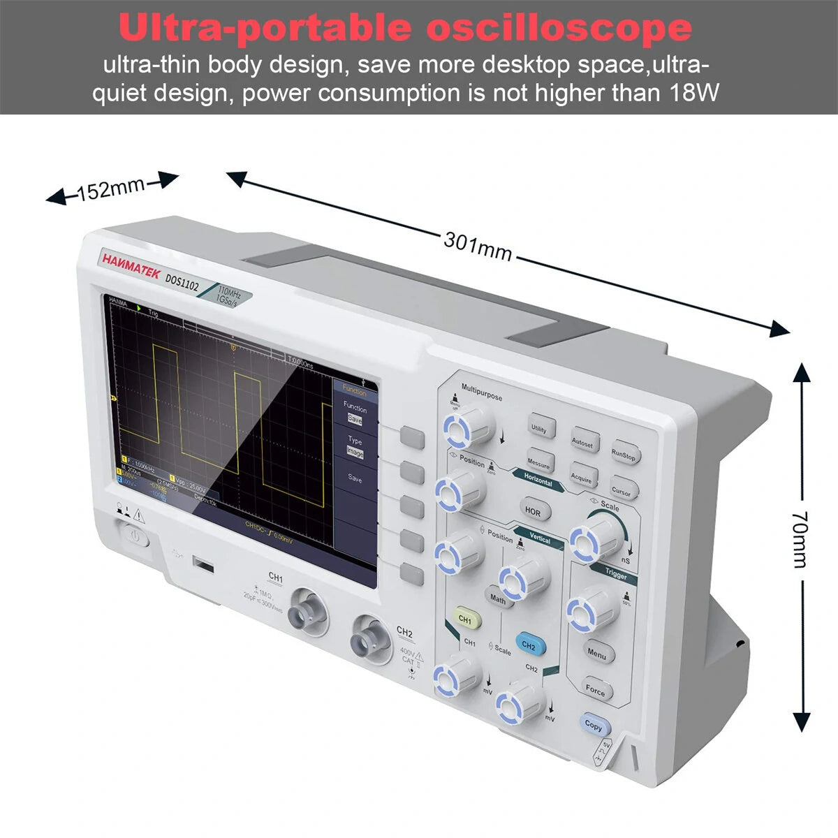 HANMATEK DOS1102 Portable Digital Oscilloscope 110MHz, 500 MS/s, 7 LCD, Dual Channels, FFT Analysis, Labview SCPI, USB