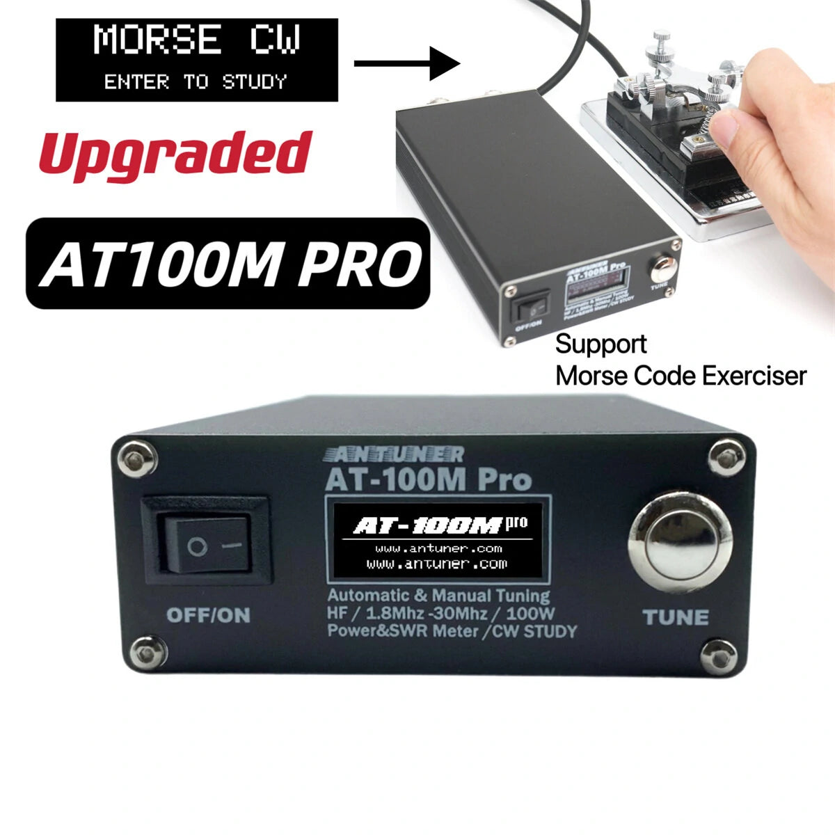ANTUNER AT100M Pro HF Antenna Tuner 1.8-30MHz 100W with Morse Code Exerciser & SWR/Power Meter