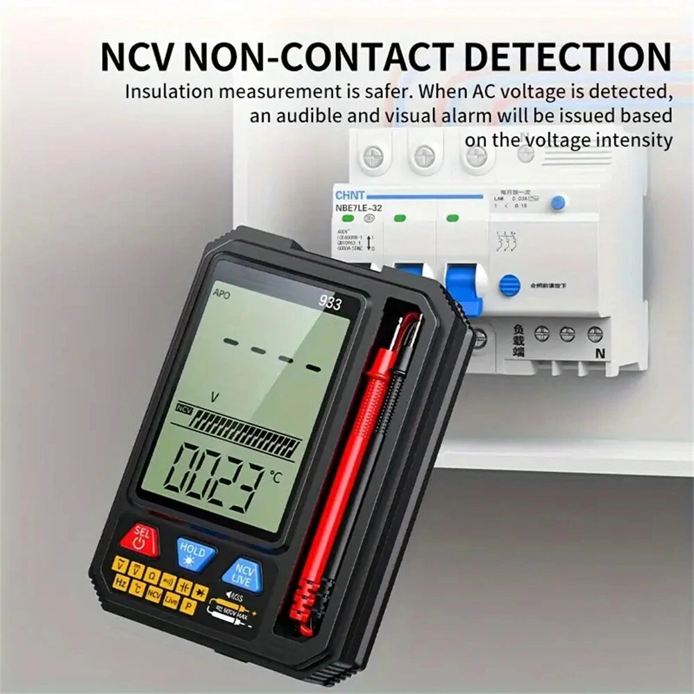 Multifunctional Multimeter 933/933S with Intelligent Overload Protection, Backlit Display, Non-Contact Voltage Detection, Live Neutral Testing, Voice Broadcast – Ideal for Electricians and Home Use