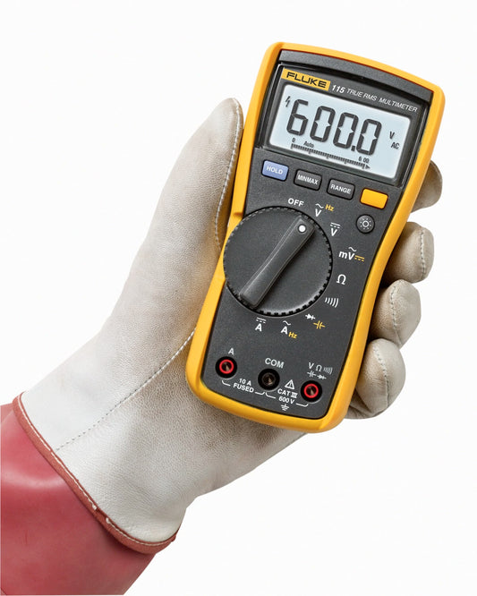 Fluke 115 Digital Multimeter, 600V AC/DC, 10A, Resistance, Continuity, Frequency & Capacitance Measurement, Includes Holster & Silicone Test Leads