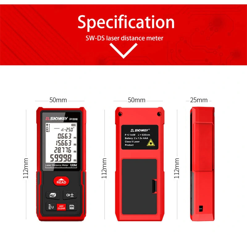 SNDWAY Laser Distance Meter Rangefinder with Angle Sensor & Backlight - Available in 50m, 70m, 100m, 120m - Waterproof & Digital Level