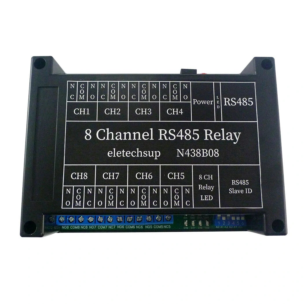 TVS Protected 12V DC 8-Channel RS485 Relay Module with Modbus RTU (03/06/16 Codes) DIN Shell Switch Board