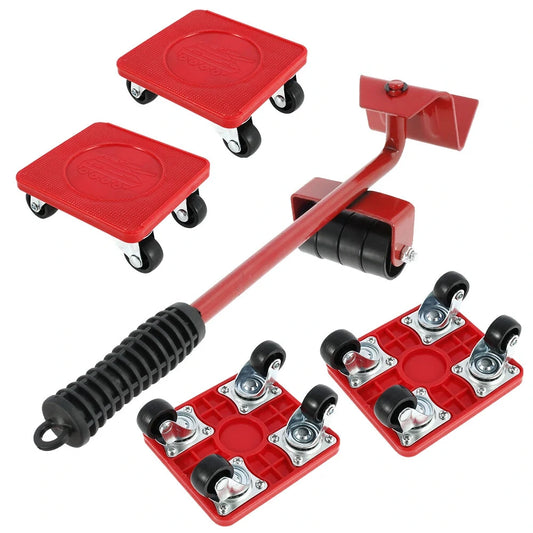 Heavy Duty 400kg Furniture Lifter Mover Set with Universal Wheels – Compact Roller Bar Hand Tool for Easy Moving, Red