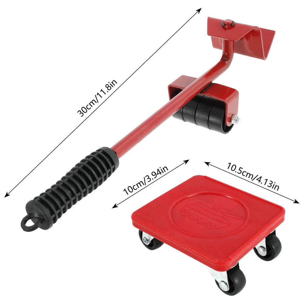 Heavy Duty Furniture Lifter Mover Set with Universal Wheels, 400kg Capacity - Red Compact Roller Bar Hand Tools for Easy Moving