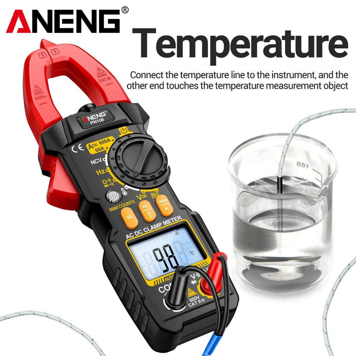 ANENG PN108 Clamp Meter | High-Precision 600A/600V AC/DC Voltage & Current Tester | Auto Power Off | Backlit Display