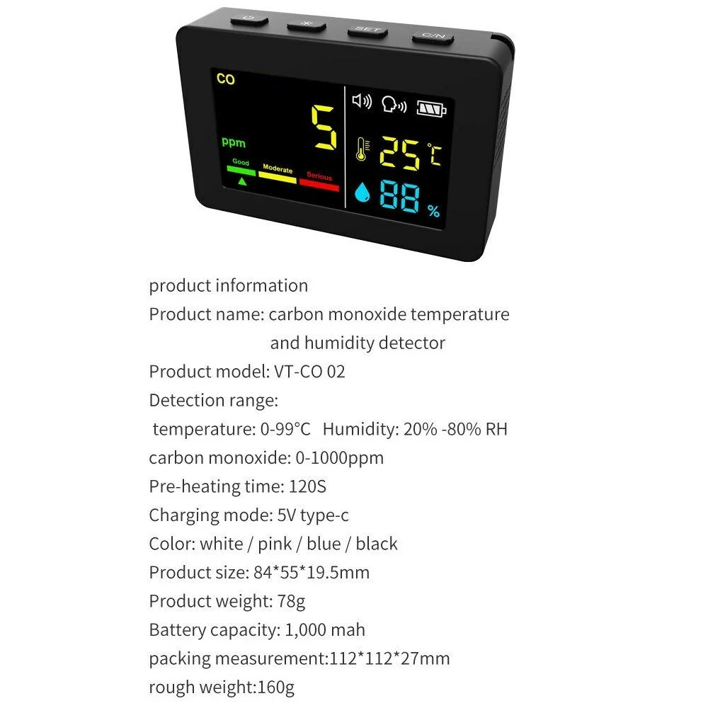 3-in-1 Portable Air Quality Meter: CO, Temperature & Humidity Tester with Color Screen, Voice Alarm & Battery Display