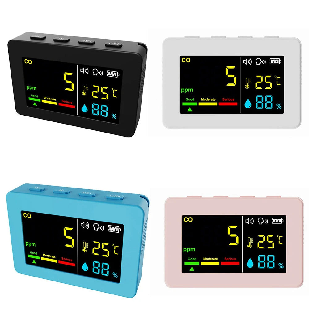 3-in-1 Portable Air Quality Meter: CO, Temperature & Humidity Tester with Color Screen, Voice Alarm & Battery Display