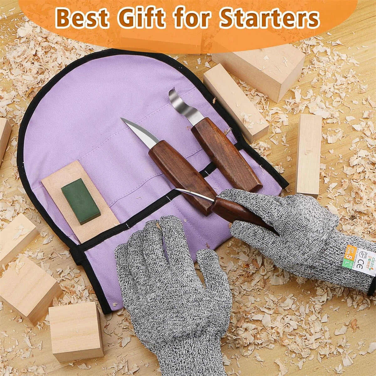 7-in-1 Wood Carving Tools Kit: Hook, Whittling, Chip Knives, Gloves & Sharpener for Beginners