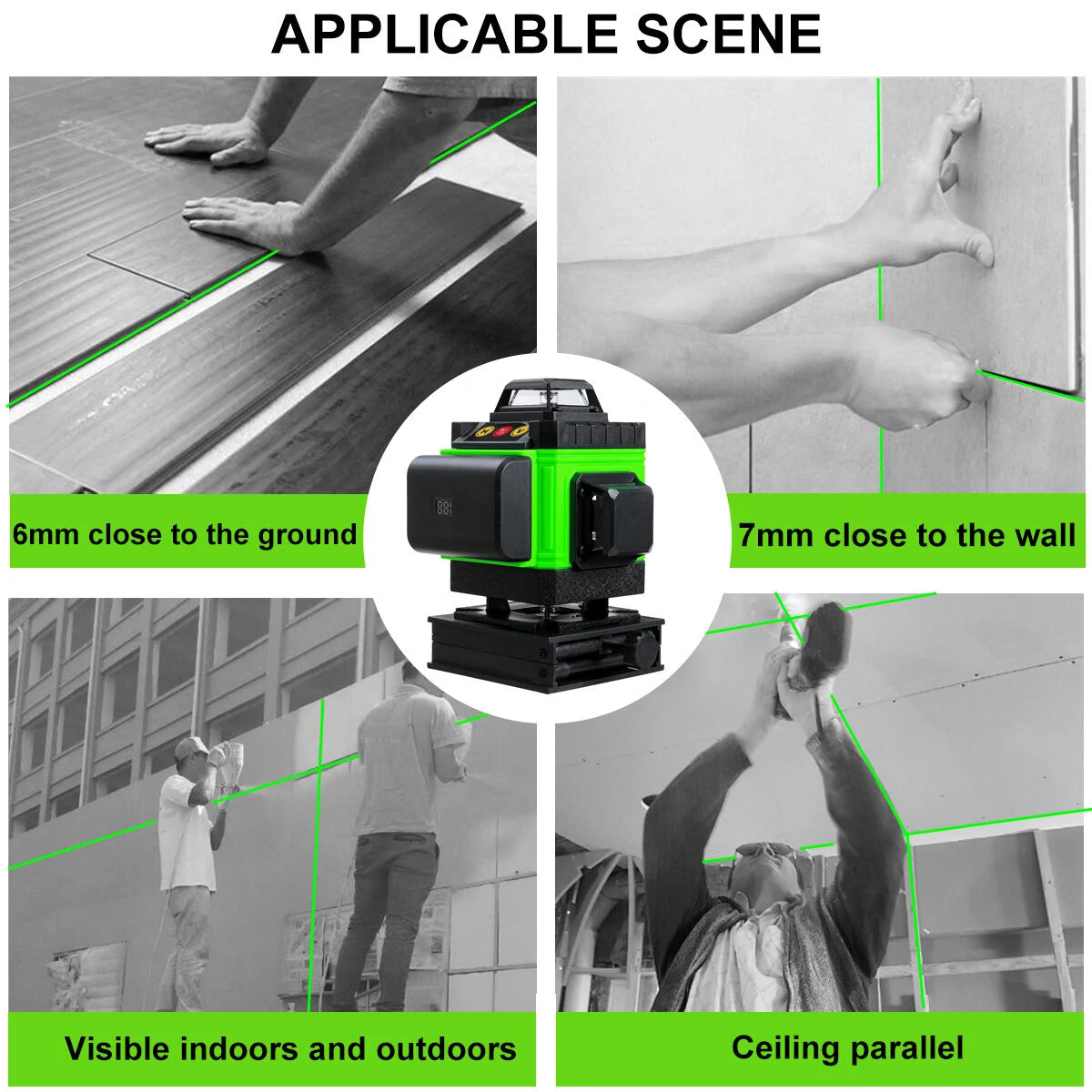 4D Green Laser Level with Self-Leveling, 16 Lines, 360° Vertical Cross & Horizontal Lines, Outdoor Use, Includes 1/2 Battery