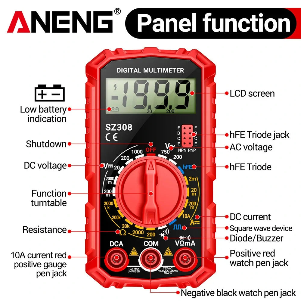 ANENG SZ308 Handheld Digital Multimeter - AC/DC Voltage, Current, Resistance, Diode, HFE Transistor Measurements, Wave Output, Low Battery Indicator